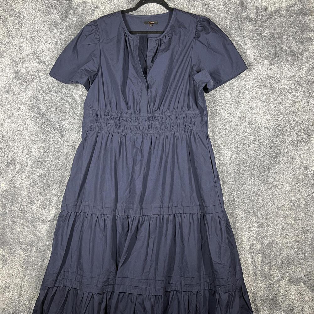 Quince Dress Womens XL Blue Maxi Smocked Ruffle Puff Sleeve 100% Cotton